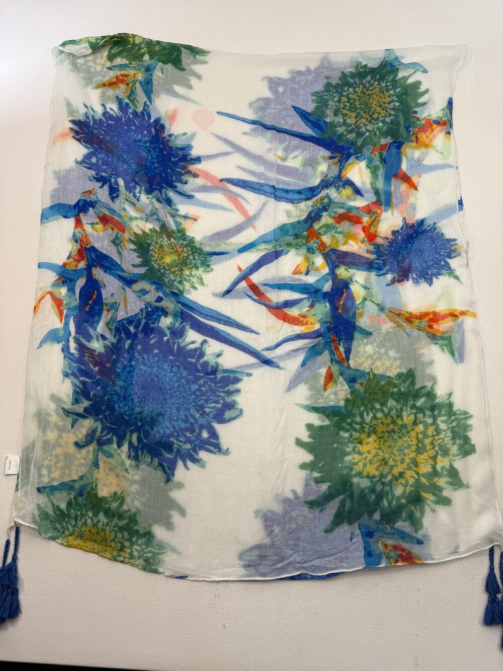 Tropical Floral Tassel Scarf Blue Green 100% Viscose Wrap 72 x 30 Resort